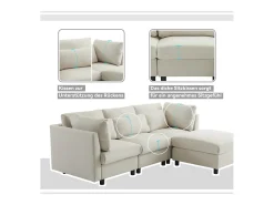 Sofá esquinero de 3 o 4 plazas, tapizado en forma de L, tejido de lino, 220 x 83 x 81 cm, color beige
