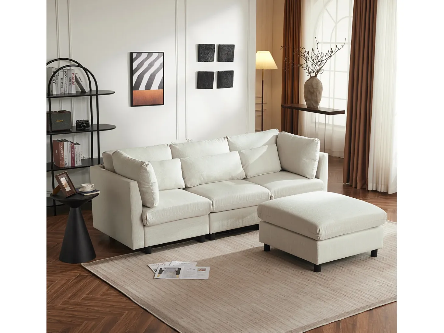 Sofá esquinero de 3 o 4 plazas, tapizado en forma de L, tejido de lino, 220 x 83 x 81 cm, color beige