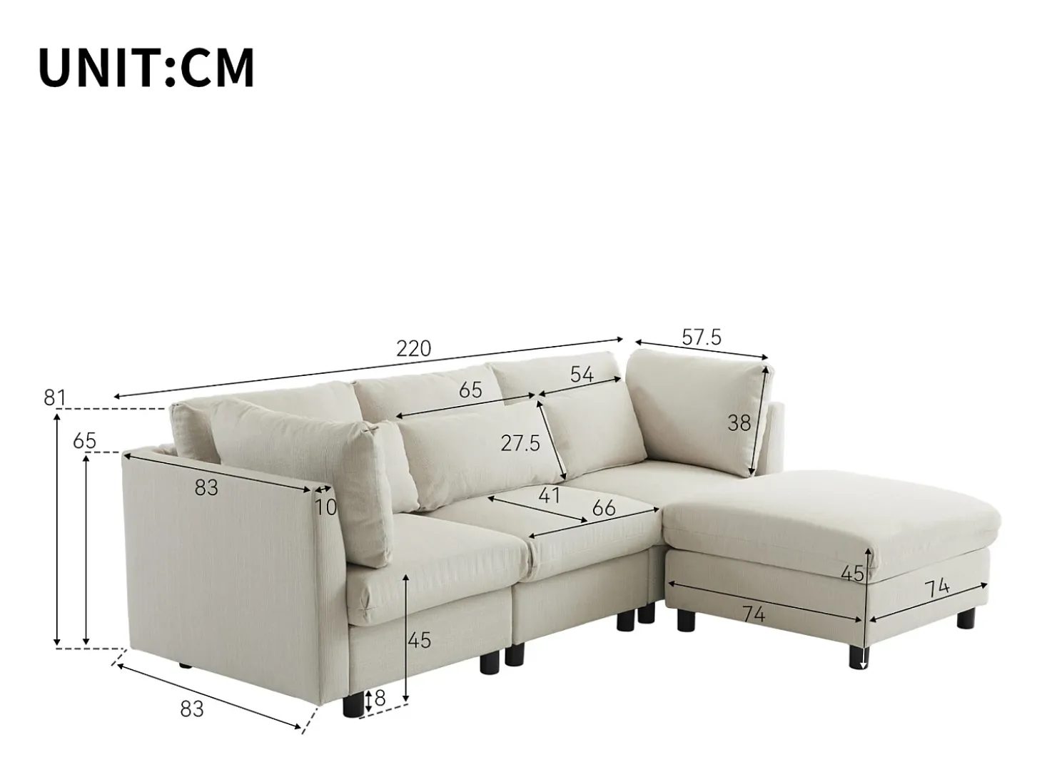 Sofá esquinero de 3 o 4 plazas, tapizado en forma de L, tejido de lino, 220 x 83 x 81 cm, color beige