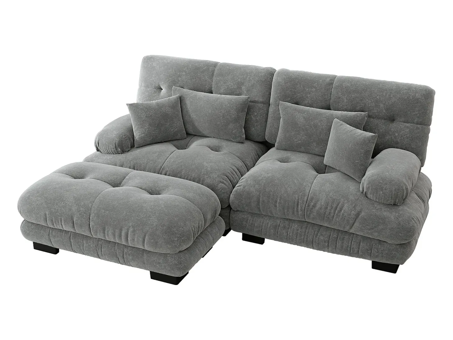 Sofá esquinero de 2 plazas con reposabrazos acolchados y taburete - chenilla gris