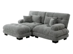 Sofá esquinero de 2 plazas con reposabrazos acolchados y taburete - chenilla gris