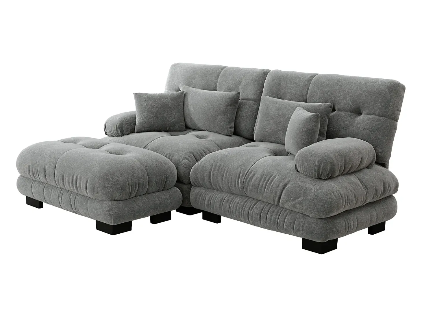 Sofá esquinero de 2 plazas con reposabrazos acolchados y taburete - chenilla gris
