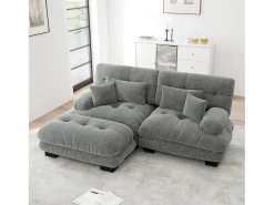 Sofá esquinero de 2 plazas con reposabrazos acolchados y taburete - chenilla gris