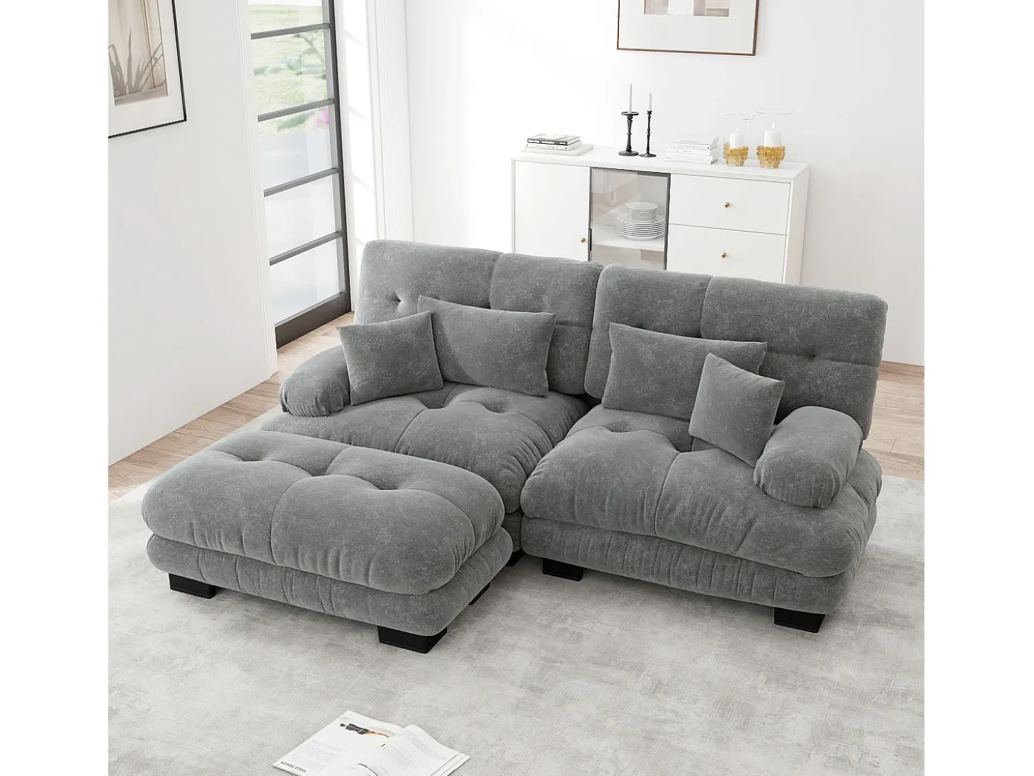 Sofá esquinero de 2 plazas con reposabrazos acolchados y taburete - chenilla gris