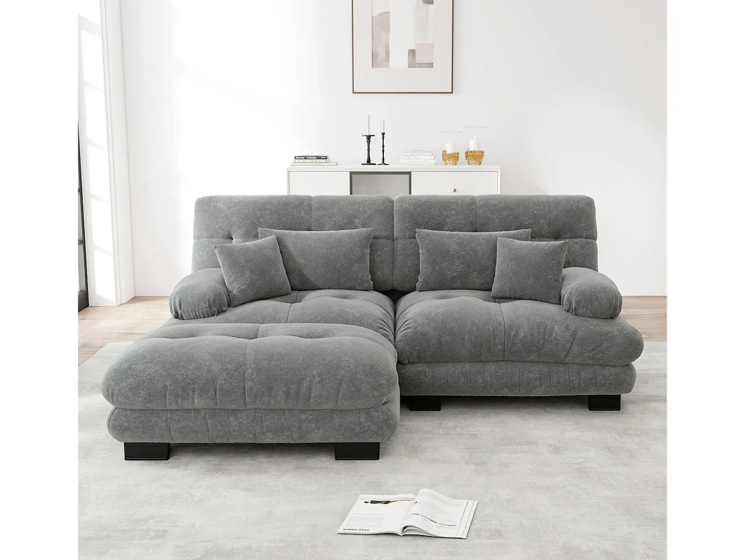 Sofá esquinero de 2 plazas con reposabrazos acolchados y taburete - chenilla gris