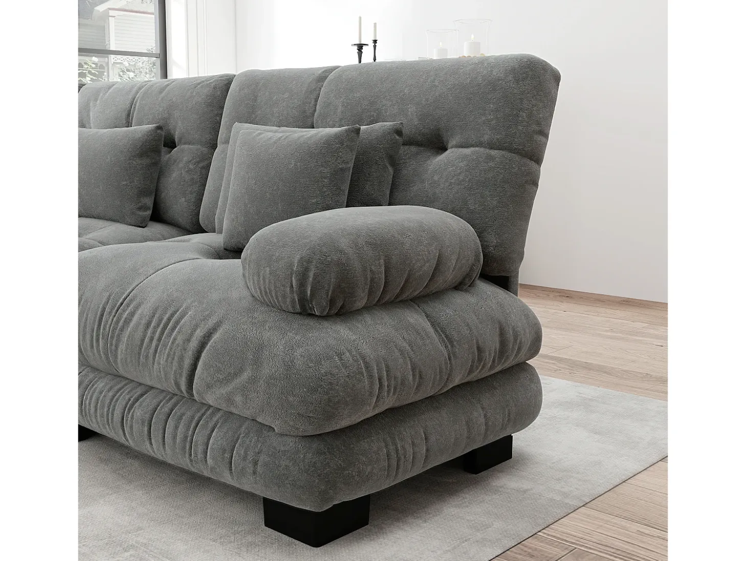 Sofá esquinero de 2 plazas con reposabrazos acolchados y taburete - chenilla gris
