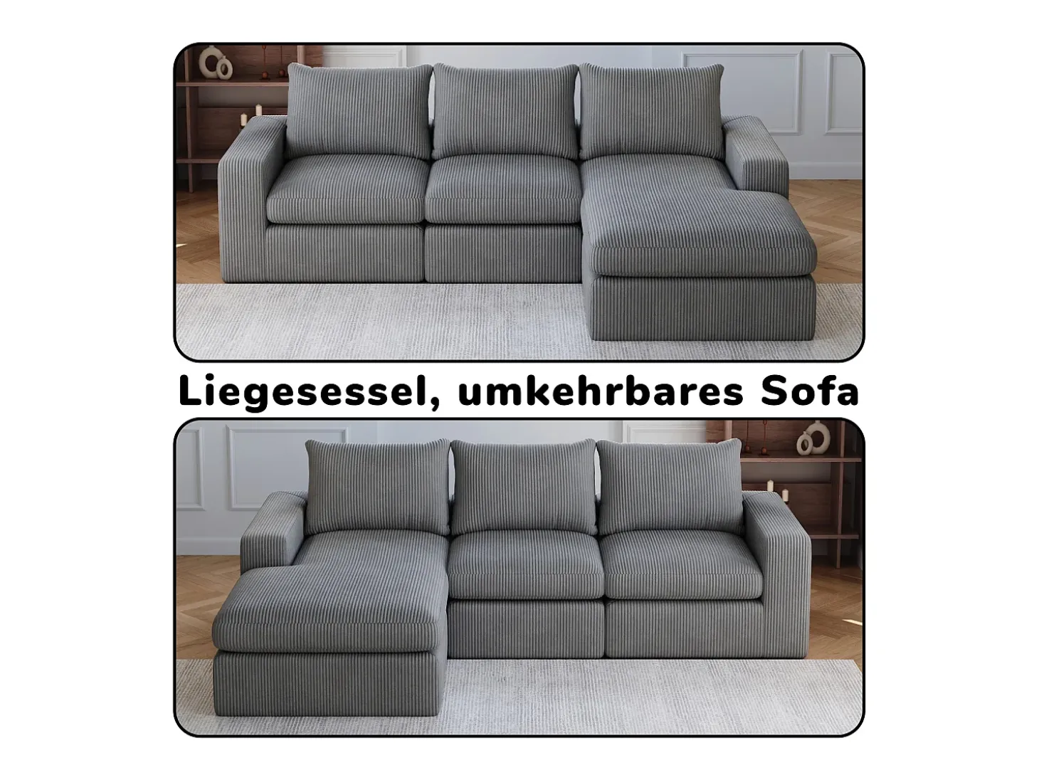 Sofá esquinero de 3 plazas con chaise longue y 3 cojines - Pana gris oscuro