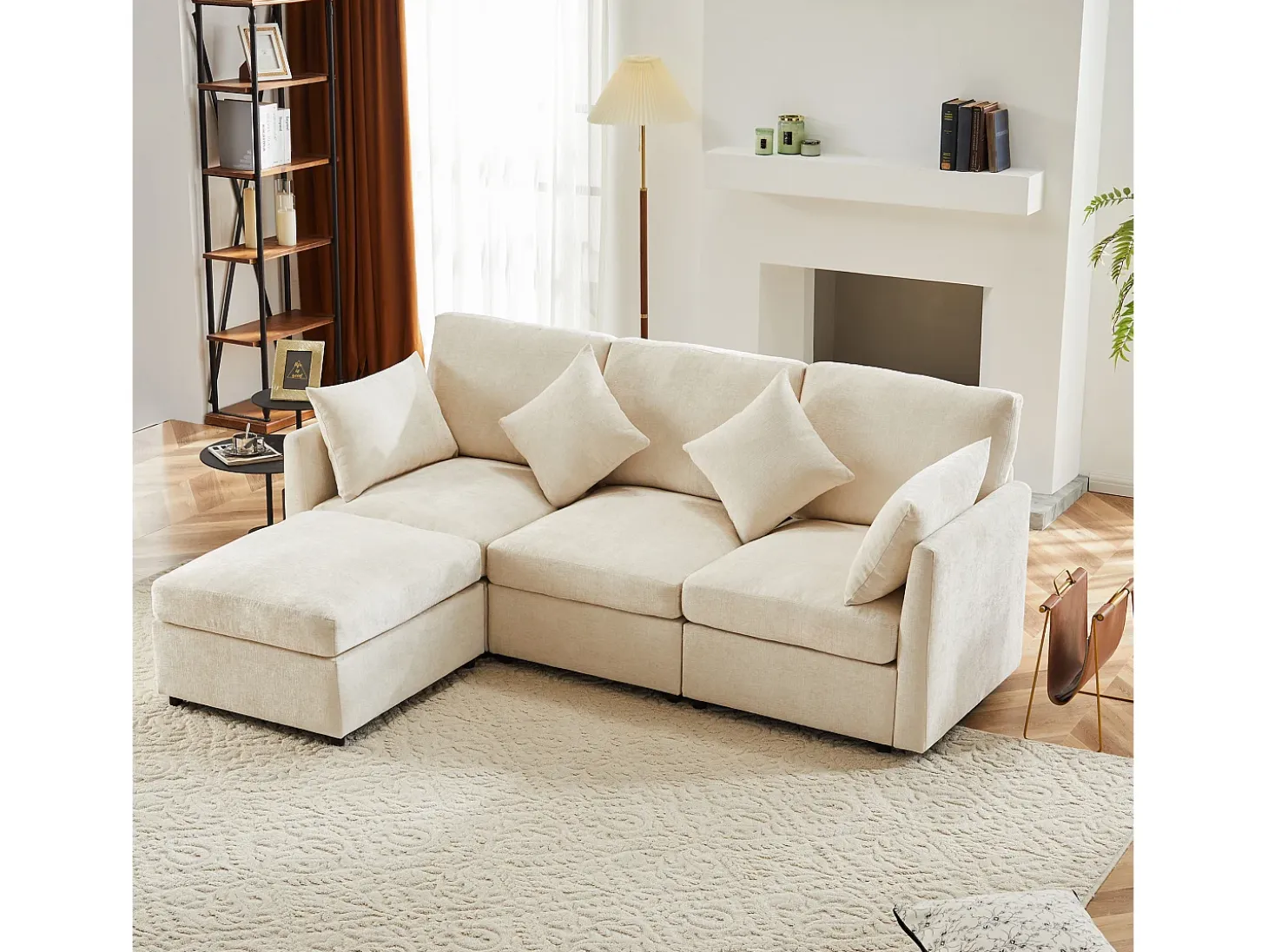 Sofá esquinero de 3 plazas - con reposapiés modular - chenilla - Beige