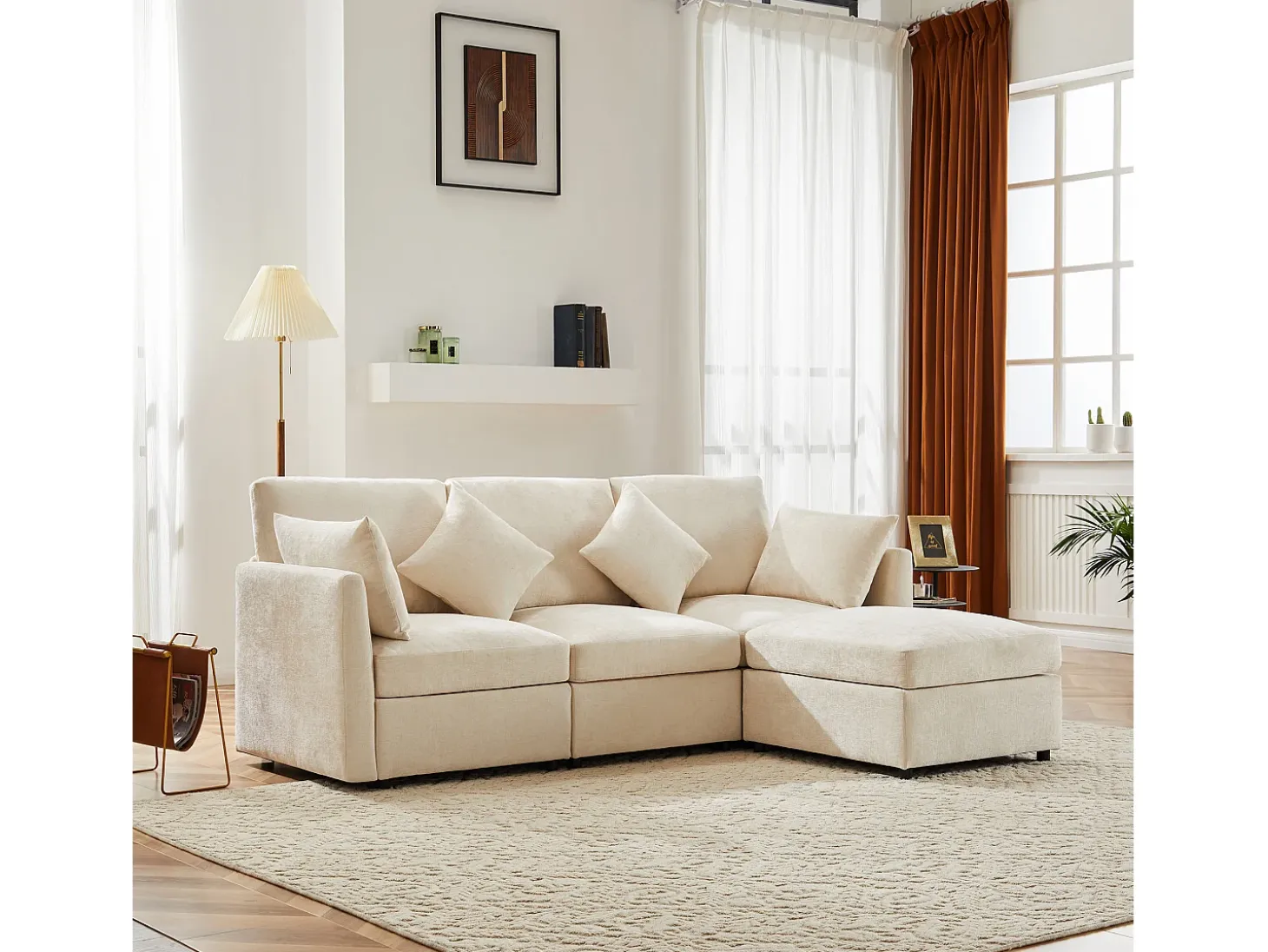 Sofá esquinero de 3 plazas - con reposapiés modular - chenilla - Beige
