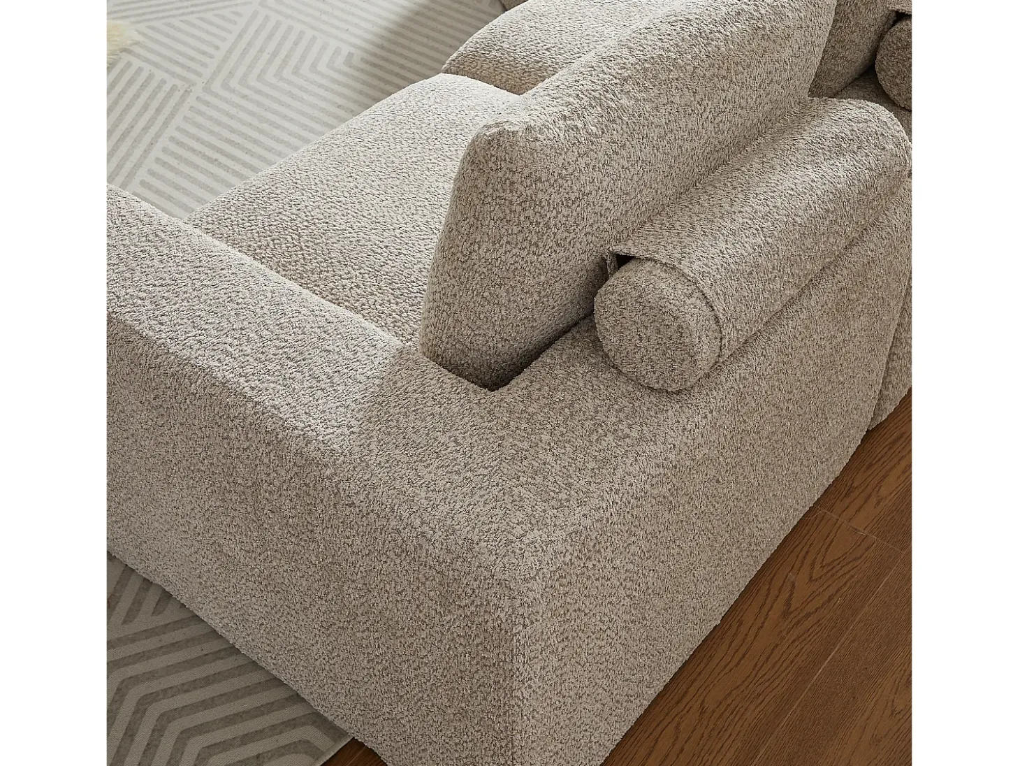 Sofá esquinero de 3 plazas con chaise longue y 3 cojines - Tejido chenilla beige