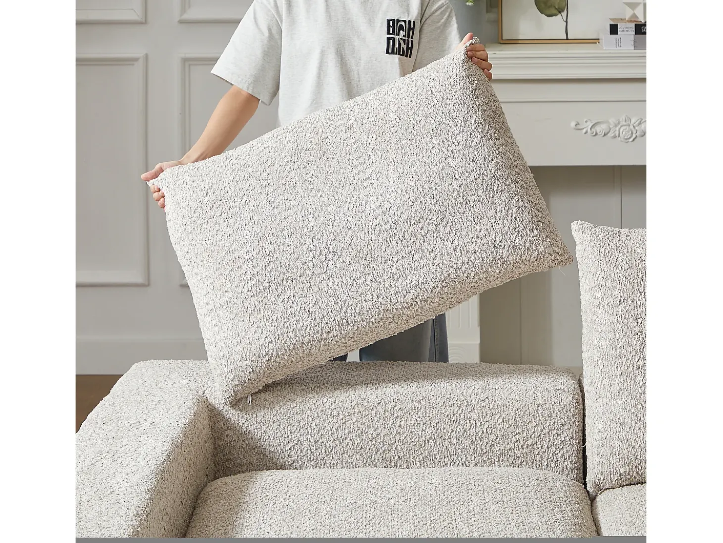 Sofá esquinero de 3 plazas con chaise longue y 3 cojines - Tejido chenilla beige