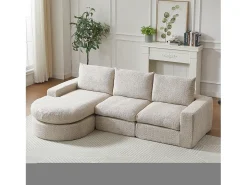 Sofá esquinero de 3 plazas con chaise longue y 3 cojines - Tejido chenilla beige