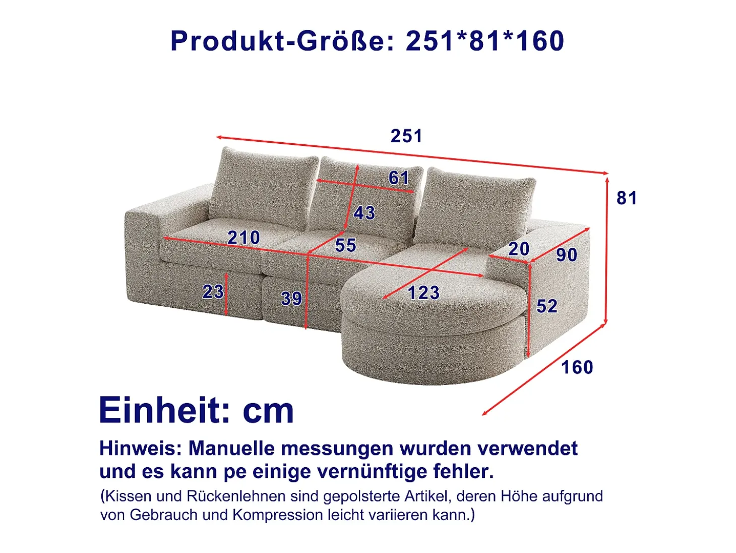 Sofá esquinero de 3 plazas con chaise longue y 3 cojines - Tejido chenilla beige