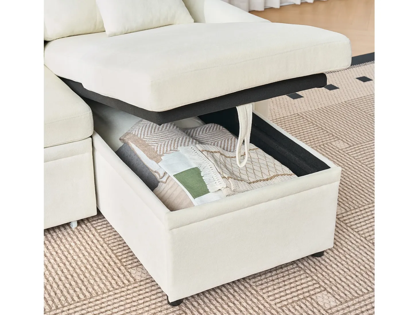 Sofá esquinero de 3 plazas en forma de L - Sofá cama con almacenaje y cojín - Tejido chenilla beige