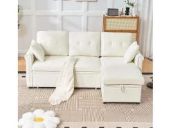 Sofá esquinero de 3 plazas en forma de L - Sofá cama con almacenaje y cojín - Tejido chenilla beige