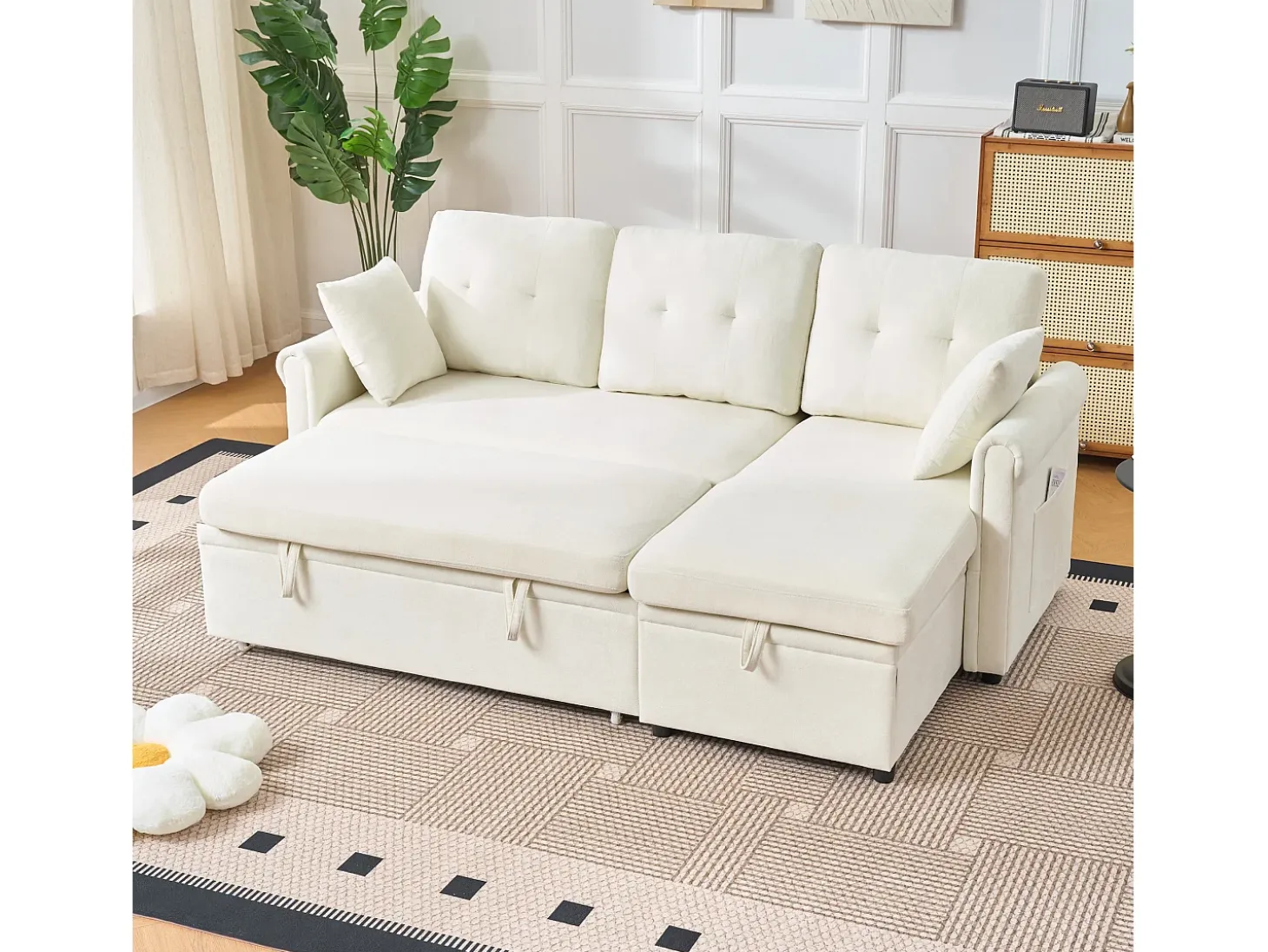 Sofá esquinero de 3 plazas en forma de L - Sofá cama con almacenaje y cojín - Tejido chenilla beige