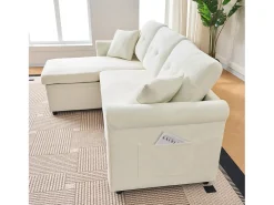 Sofá esquinero de 3 plazas en forma de L - Sofá cama con almacenaje y cojín - Tejido chenilla beige