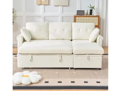 Sofá esquinero de 3 plazas en forma de L - Sofá cama con almacenaje y cojín - Tejido chenilla beige