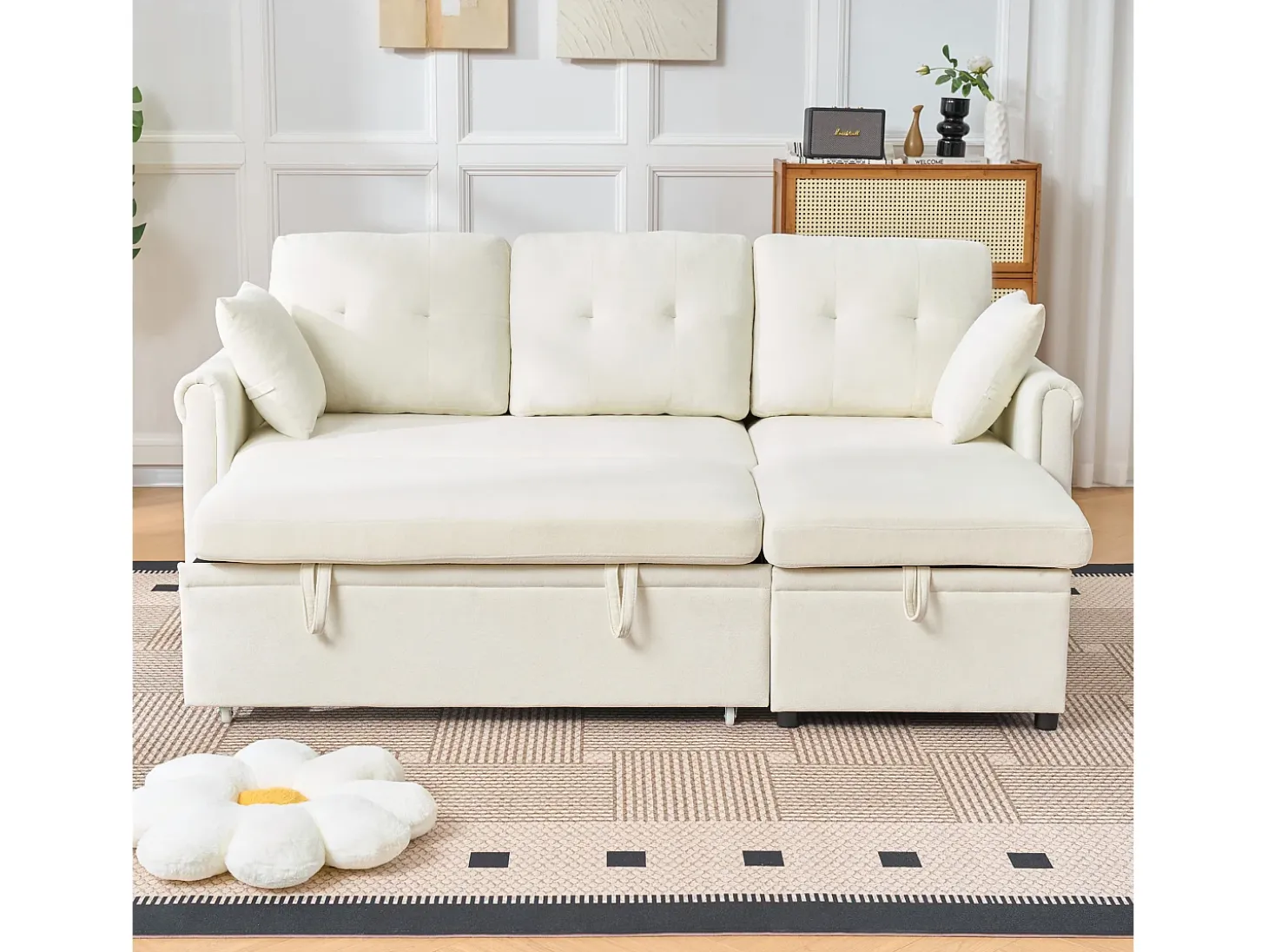 Sofá esquinero de 3 plazas en forma de L - Sofá cama con almacenaje y cojín - Tejido chenilla beige