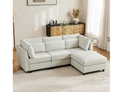 Sofá esquinero de 3 plazas con reposapiés - tejido de lino - muebles de salón - sofá moderno en beige