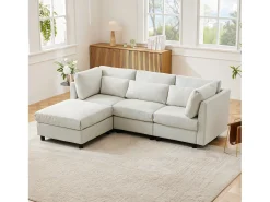 Sofá esquinero de 3 plazas con reposapiés - tejido de lino - muebles de salón - sofá moderno en beige
