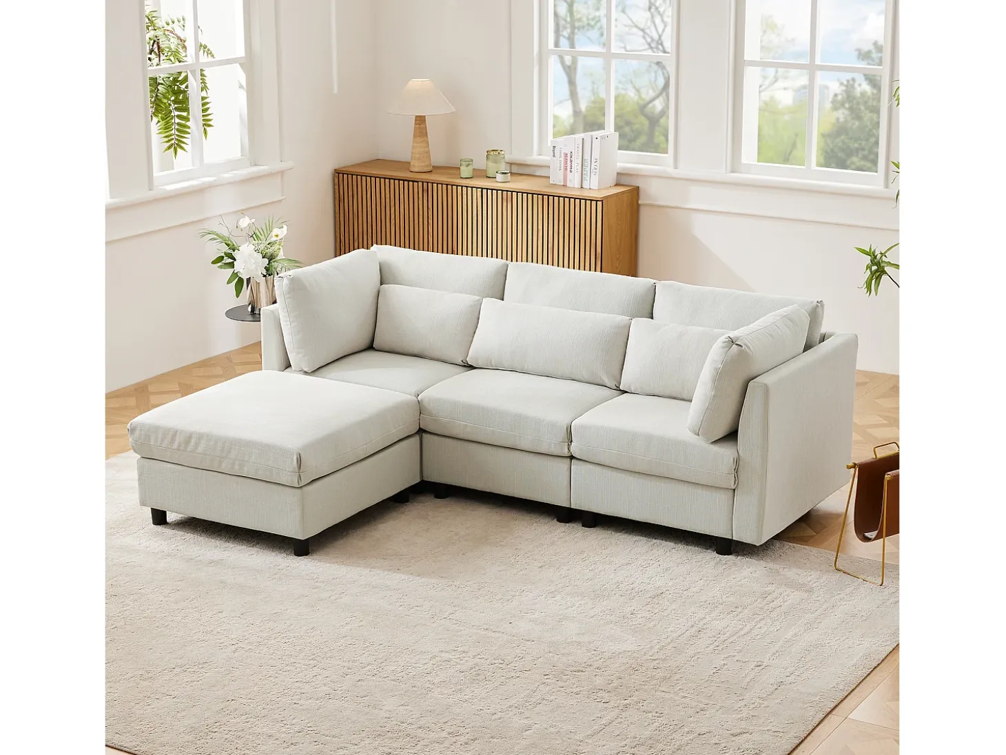 Sofá esquinero de 3 plazas con reposapiés - tejido de lino - muebles de salón - sofá moderno en beige