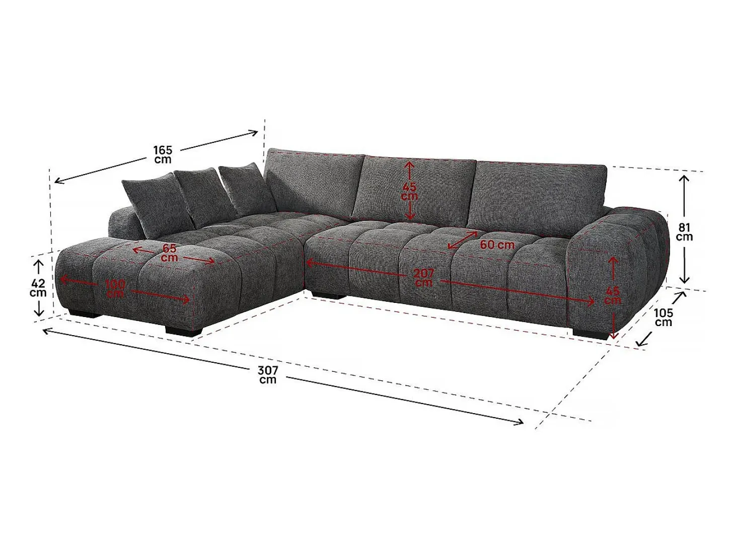 Sofá esquinero de tela "Monceau" – 3 plazas – Gris