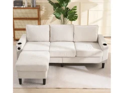 Sofá esquinero derecho - Sofá con 2 portavasos y cargador USB - lino beige