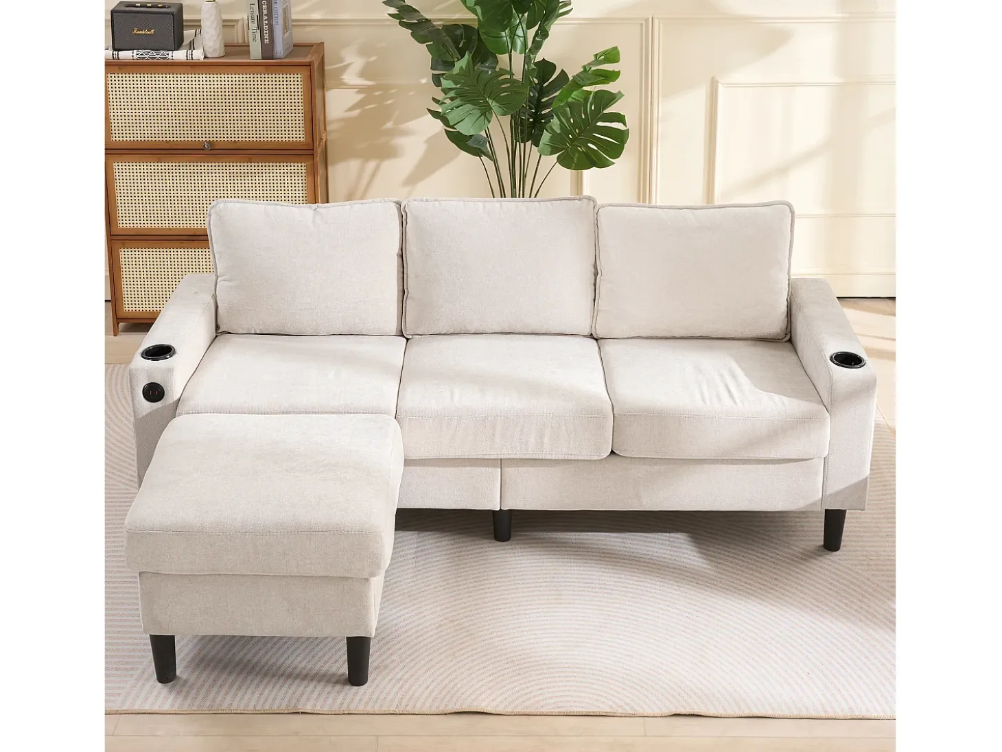 Sofá esquinero derecho - Sofá con 2 portavasos y cargador USB - lino beige