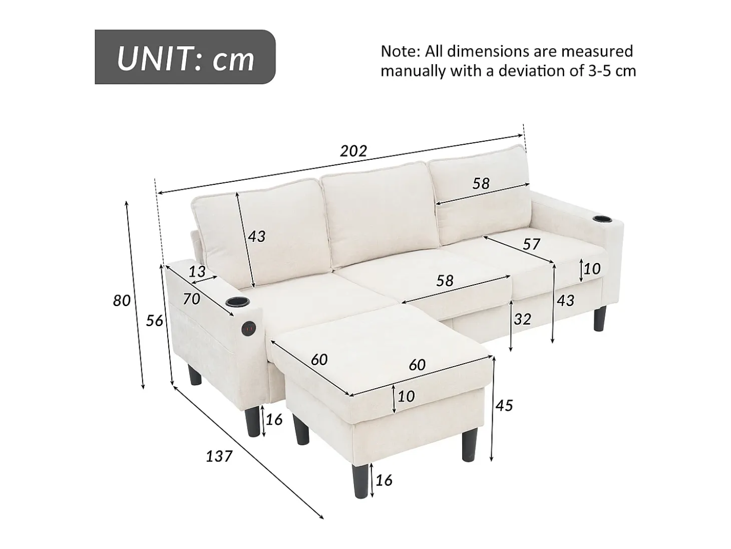 Sofá esquinero derecho - Sofá con 2 portavasos y cargador USB - lino beige