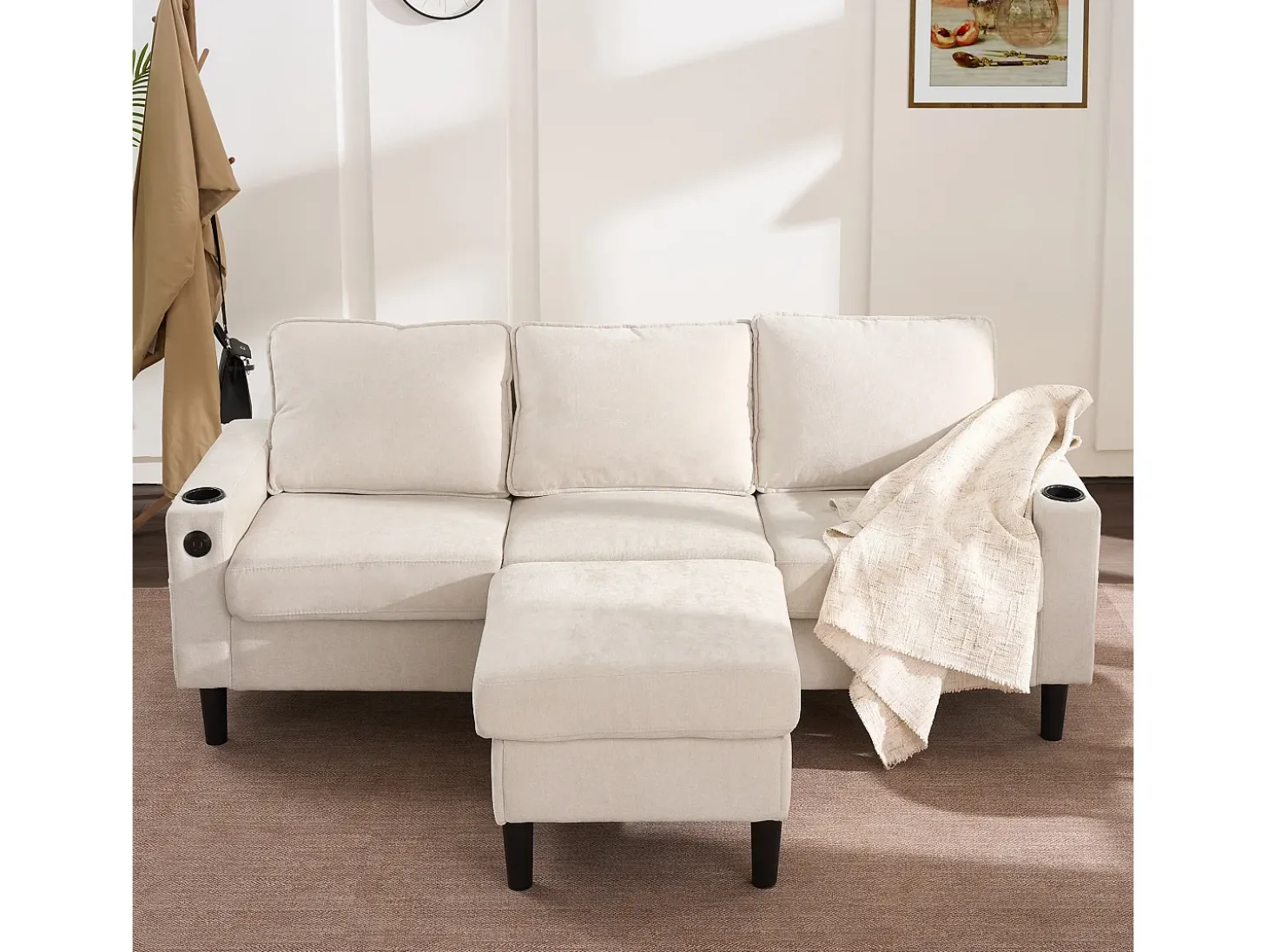 Sofá esquinero derecho - Sofá con 2 portavasos y cargador USB - lino beige
