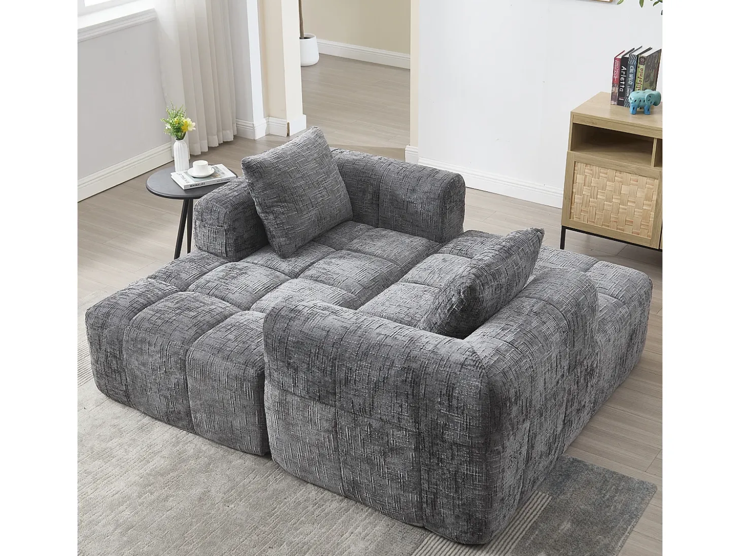 Sofá esquinero gris - Sofá recto con bolsillos de almacenamiento y 3 cojines - con chaise longue y reposabrazos