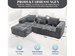 Sofá esquinero gris - Sofá recto con bolsillos de almacenamiento y 3 cojines - con chaise longue y reposabrazos
