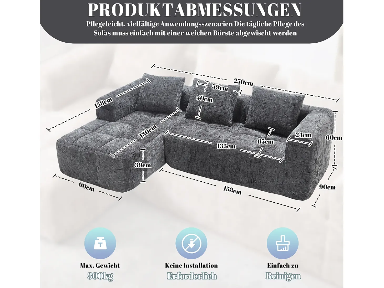 Sofá esquinero gris - Sofá recto con bolsillos de almacenamiento y 3 cojines - con chaise longue y reposabrazos