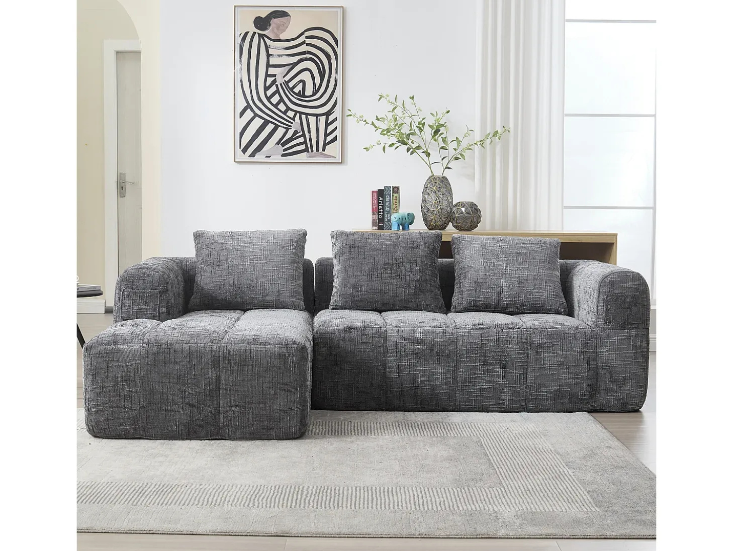 Sofá esquinero gris - Sofá recto con bolsillos de almacenamiento y 3 cojines - con chaise longue y reposabrazos