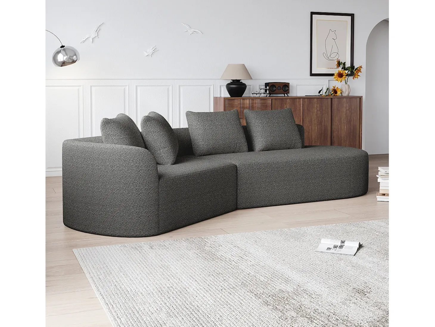 Sofá esquinero gris oscuro - Sofá de 4 plazas con 4 cojines decorativos y respaldo - chenilla