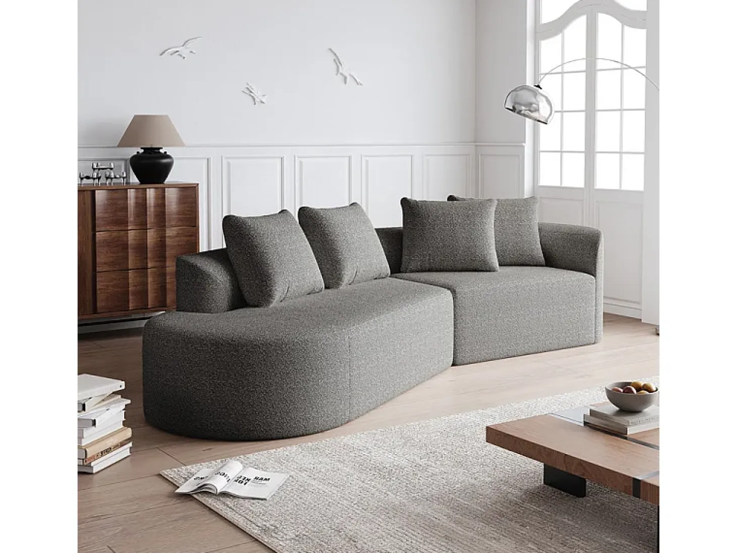 Sofá Esquinero Izquierdo Moderno Súper Grande 4 Plazas, con 4 Cojines, Chaise Longue Curva, Tejido Chenilla, Gris Claro