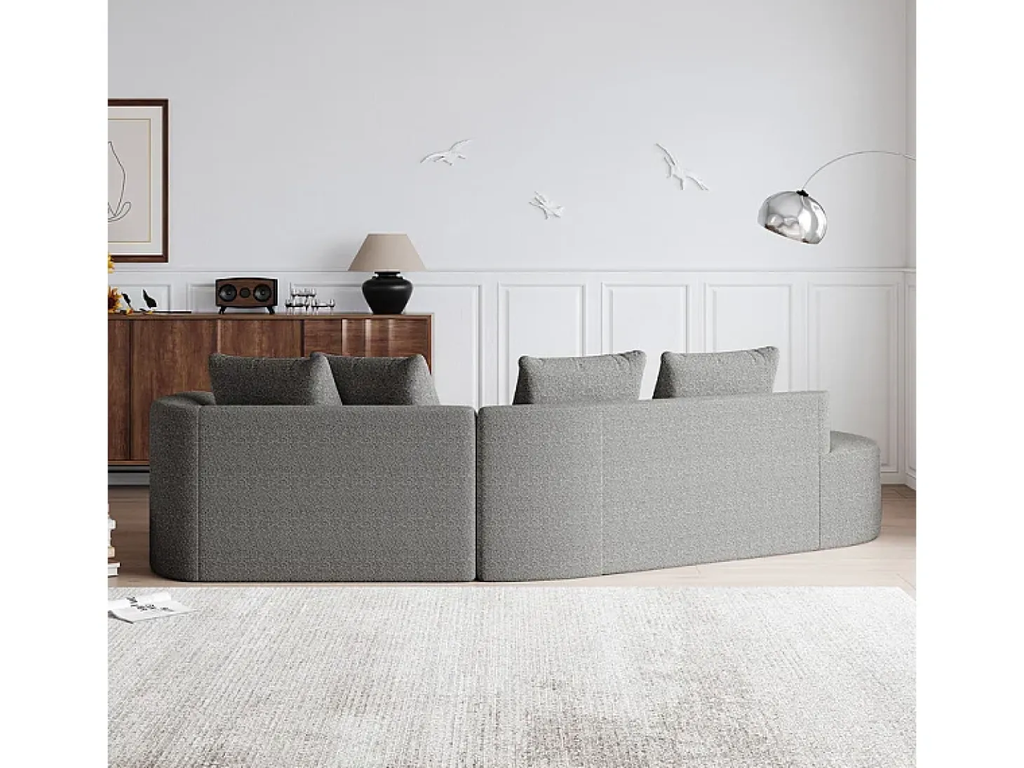 Sofá Esquinero Izquierdo Moderno Súper Grande 4 Plazas, con 4 Cojines, Chaise Longue Curva, Tejido Chenilla, Gris Claro