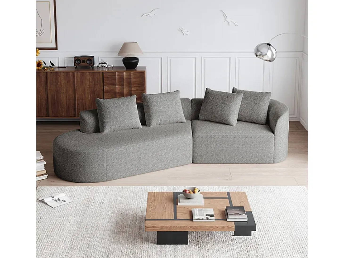 Sofá Esquinero Izquierdo Moderno Súper Grande 4 Plazas, con 4 Cojines, Chaise Longue Curva, Tejido Chenilla, Gris Claro