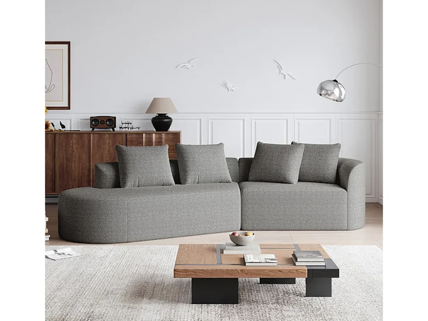 Sofá Esquinero Izquierdo Moderno Súper Grande 4 Plazas, con 4 Cojines, Chaise Longue Curva, Tejido Chenilla, Gris Claro