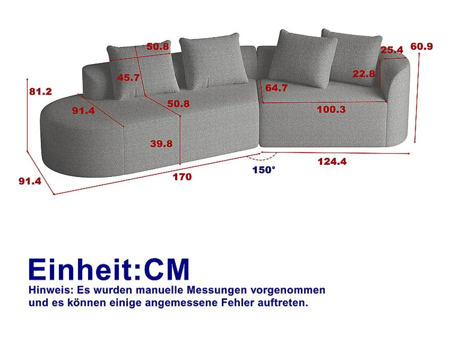 Sofá Esquinero Izquierdo Moderno Súper Grande 4 Plazas, con 4 Cojines, Chaise Longue Curva, Tejido Chenilla, Gris Claro