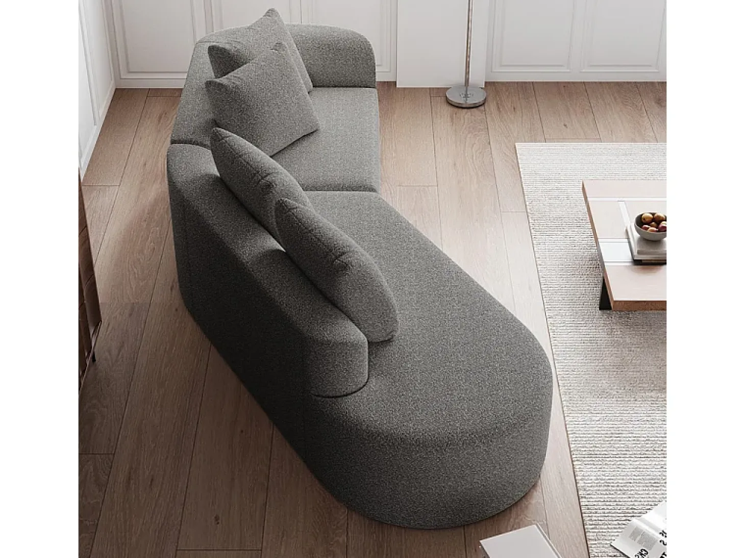 Sofá Esquinero Izquierdo Moderno Súper Grande 4 Plazas, con 4 Cojines, Chaise Longue Curva, Tejido Chenilla, Gris Claro
