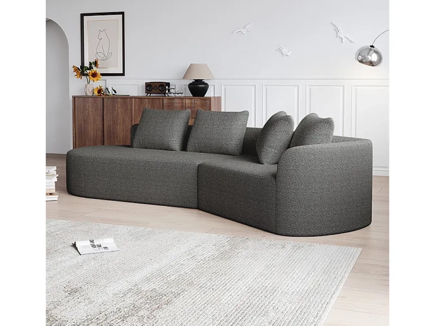 Sofá Esquinero Izquierdo Moderno Súper Grande 4 Plazas, con 4 Cojines, Chaise Longue Curva, Tejido Chenilla, Gris Antracita