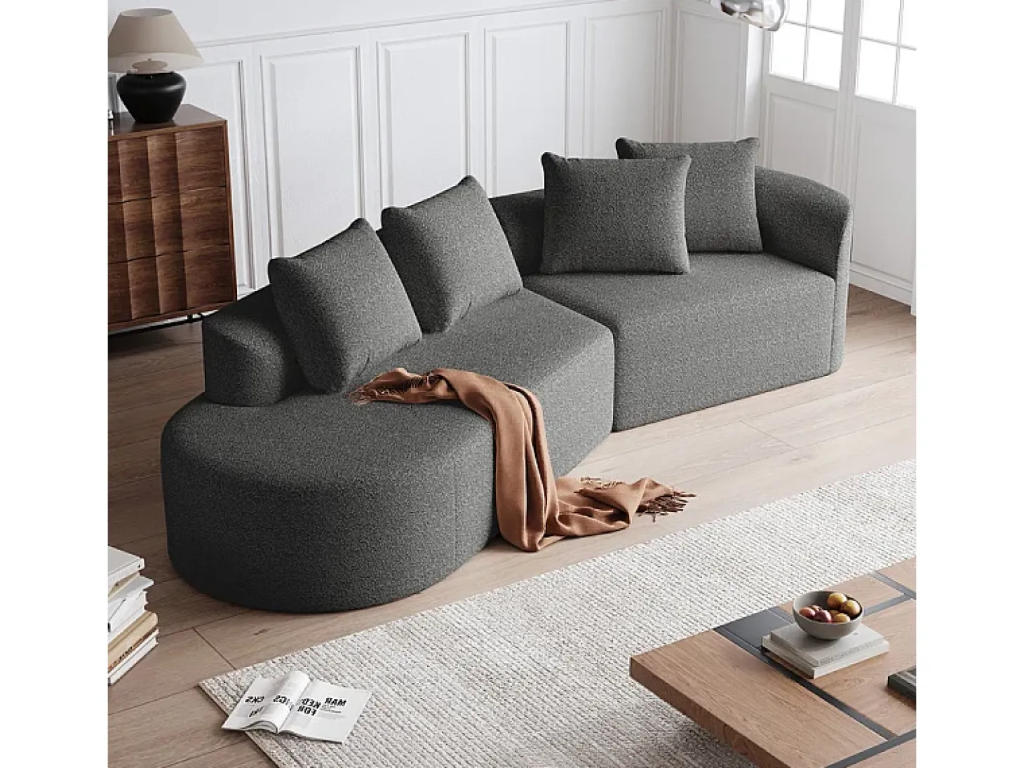 Sofá Esquinero Izquierdo Moderno Súper Grande 4 Plazas, con 4 Cojines, Chaise Longue Curva, Tejido Chenilla, Gris Antracita