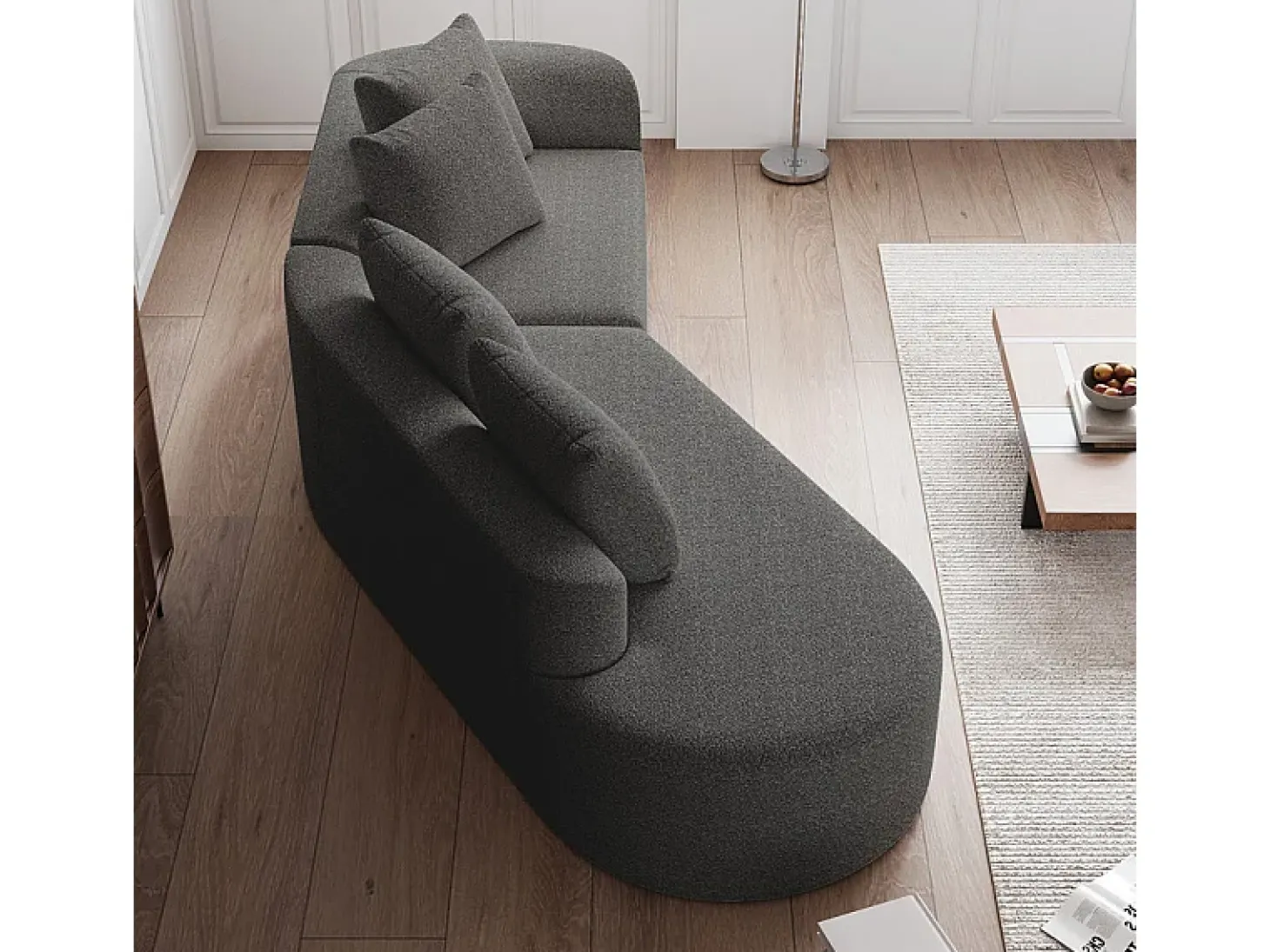Sofá Esquinero Izquierdo Moderno Súper Grande 4 Plazas, con 4 Cojines, Chaise Longue Curva, Tejido Chenilla, Gris Antracita