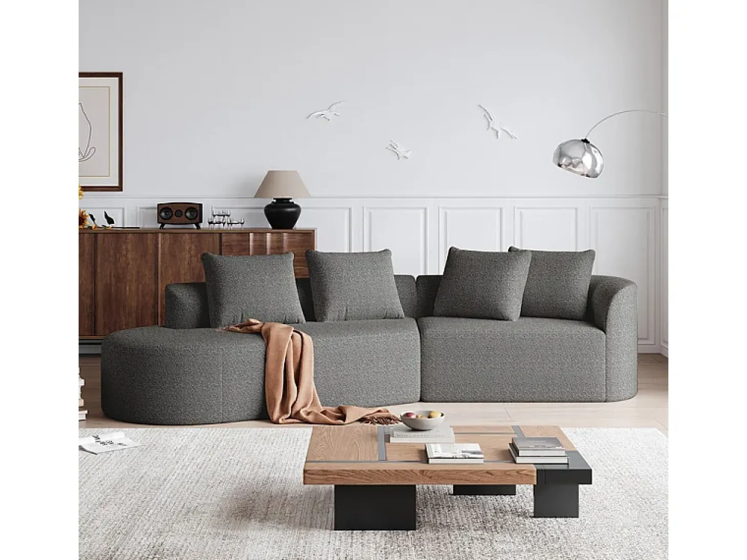 Sofá Esquinero Izquierdo Moderno Súper Grande 4 Plazas, con 4 Cojines, Chaise Longue Curva, Tejido Chenilla, Gris Antracita
