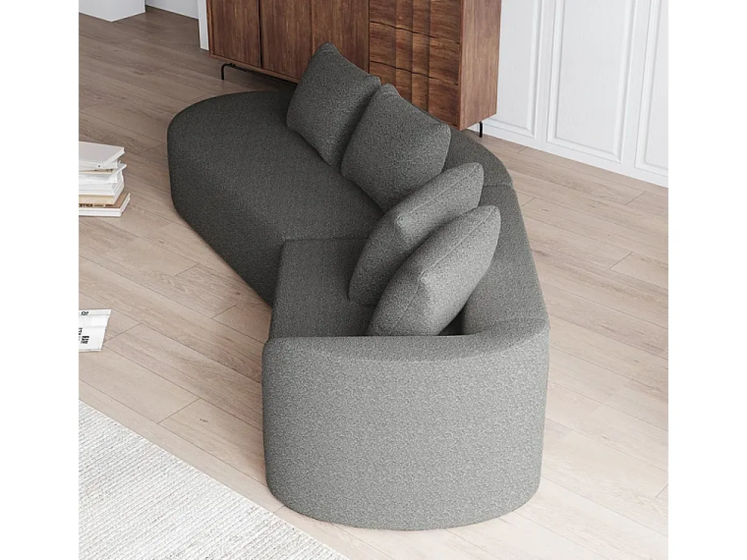 Sofá Esquinero Izquierdo Moderno Súper Grande 4 Plazas, con 4 Cojines, Chaise Longue Curva, Tejido Chenilla, Gris Antracita