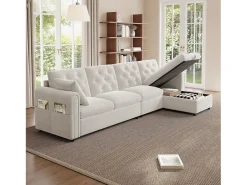 Sofá esquinero moderno de 4 plazas con almacenaje - reposabrazos laterales con bolsillos - 281 x 132 x 86 cm - terciopelo - Beige