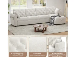 Sofá esquinero moderno de 4 plazas con almacenaje - reposabrazos laterales con bolsillos - 281 x 132 x 86 cm - terciopelo - Beige