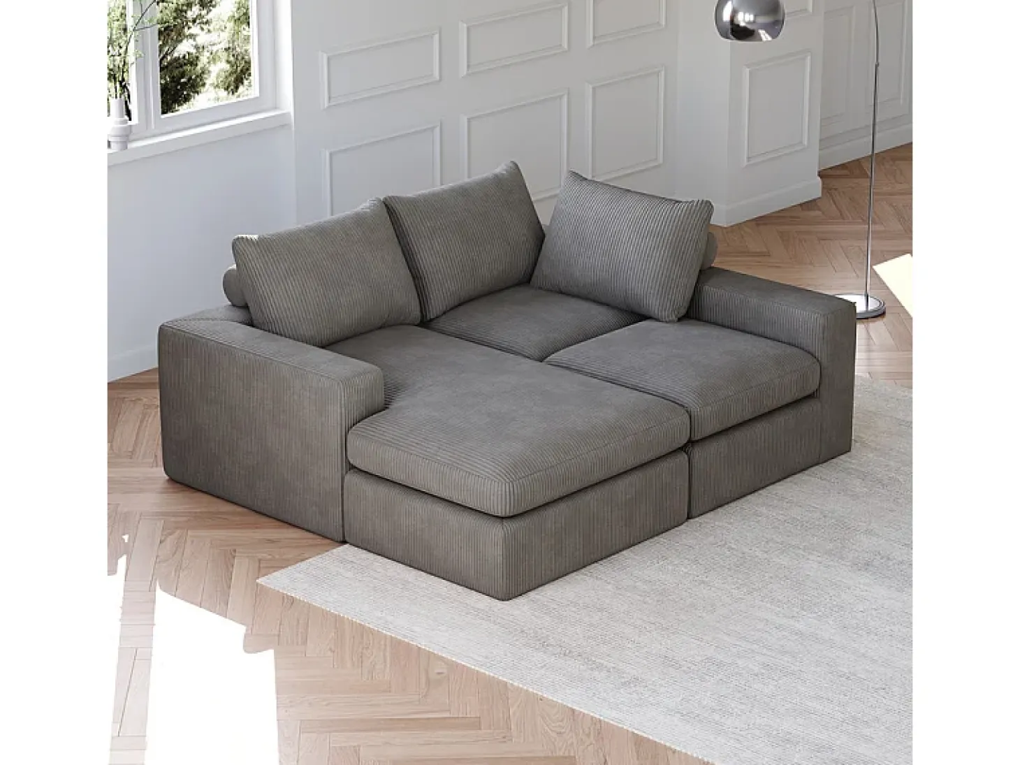 Sofá Esquinero Modular 3 Plazas, de Pana, con Chaise Longue Reversible, 3 Cojines y Almohadas Cervicales, Gris Antracita
